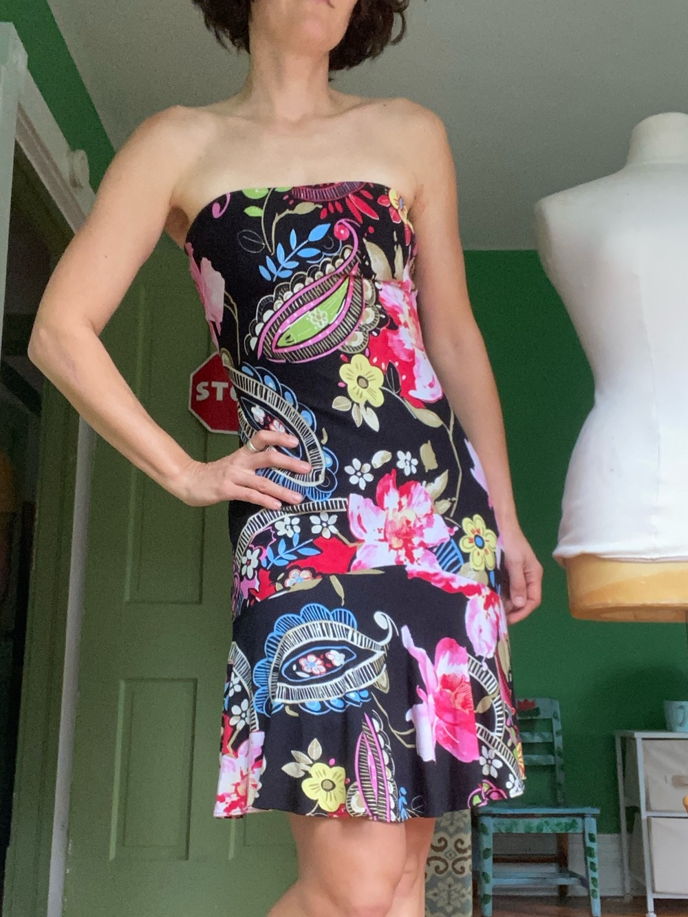Y2K Cache black Strapless Floral Paisley Dress